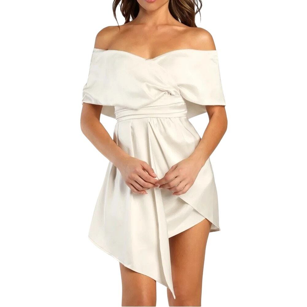 Lulus Always Celebrating Ivory Satin Off Shoulder Mini Dress S Bridal Cocktail